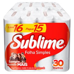 PAPEL HIGIÊNICO SUBLIME FOLHA SIMPLES NEUTRO 30M LEVE 16 PAGUE 15 ROLOS