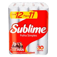 PAPEL HIGIÊNICO SUBLIME FOLHA SIMPLES NEUTRO 30M LV12 PG11 ROLOS