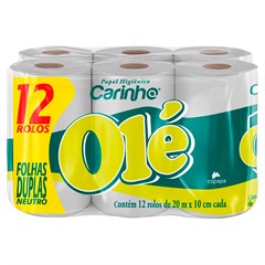 PAPEL HIGIÊNICO CARINHO OLÉ FOLHA DUPLA NEUTRO 20M LEVE 12 PAGUE 11 ROLOS