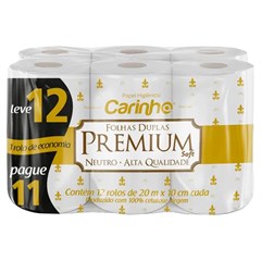 PAPEL HIGIÊNICO CARINHO PREMIUM FOLHA DUPLA NEUTRO 20M LEVE 12 PAGUE 11 ROLOS