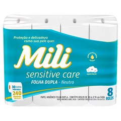 PAPEL HIGIÊNICO MILI SENSITIVE CARE FOLHA DUPLA NEUTRO 30M 8 ROLOS
