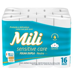 PAPEL HIGIÊNICO MILI SENSITIVE CARE FOLHA DUPLA NEUTRO 30M 16 ROLOS