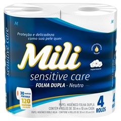 PAPEL HIGIÊNICO MILI SENSITIVE CARE FOLHA DUPLA NEUTRO 30M 4 ROLOS