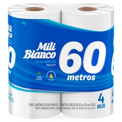 PAPEL HIGIÊNICO BIANCO FOLHA SIMPLES NEUTRO 60M 4 ROLOS