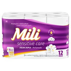 PAPEL HIGIÊNICO MILI SENSITIVE CARE FOLHA DUPLA PERFUMADO FLORAL 30M 12 ROLOS