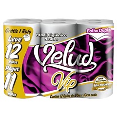 PAPEL HIGIÊNICO VIP VELUDO FOLHA DUPLA NEUTRO 30M 12 ROLOS