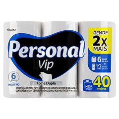 PAPEL HIGIÊNICO PERSONAL VIP FOLHA DUPLA NEUTRO 40M 6 ROLOS